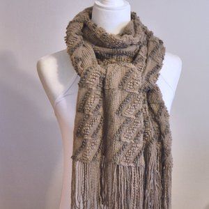 4/$20 Tan and Gray Patterned Scarf with fringe